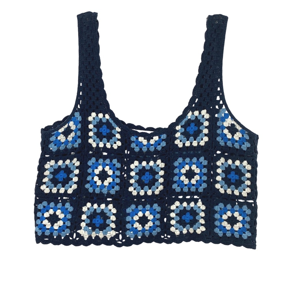 Sincerely Jules Vest Womens L Granny Square Crochet Blue Boho Festival Layering